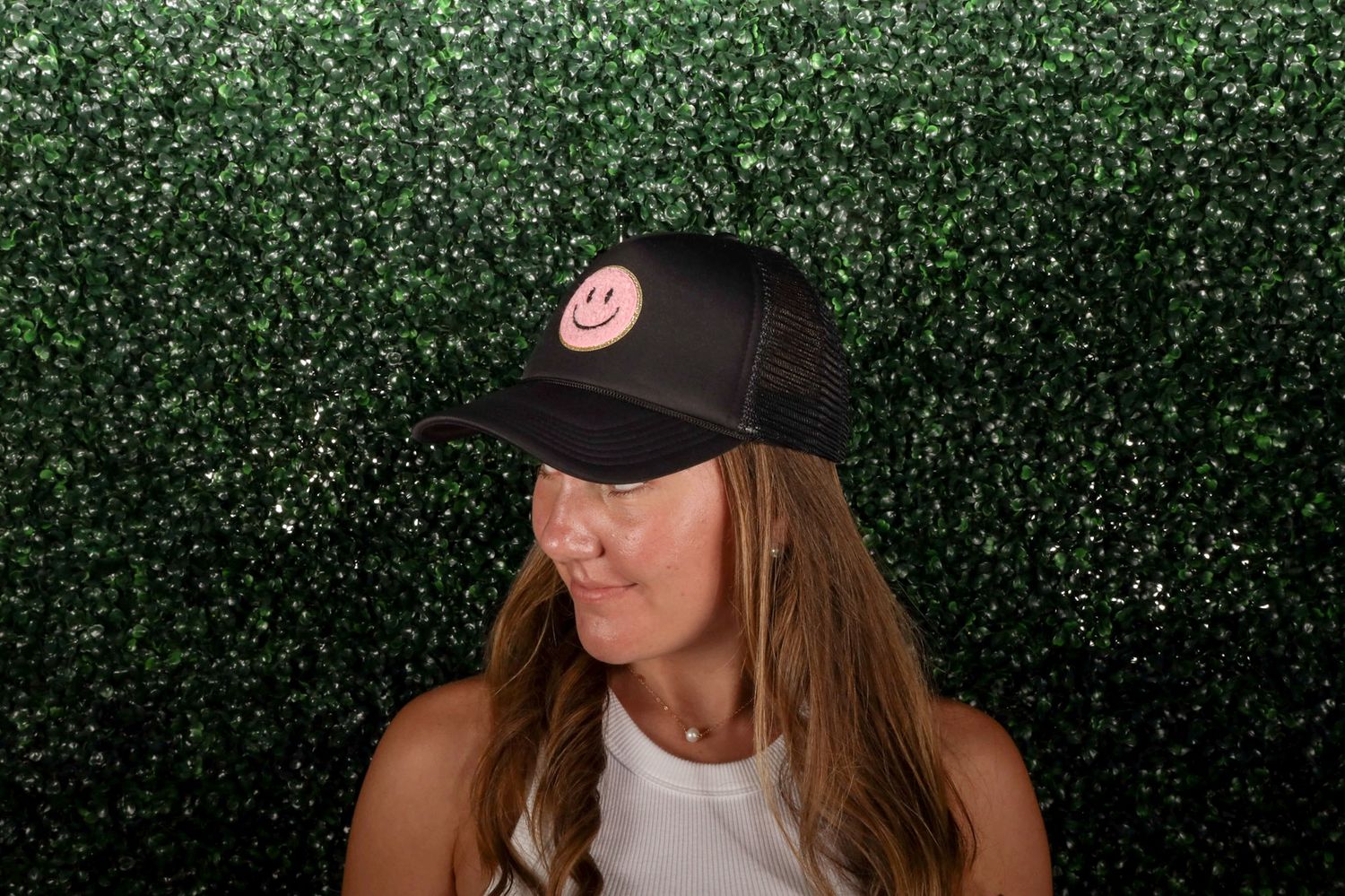 Black/Pink Smiley Patch Trucker Hat