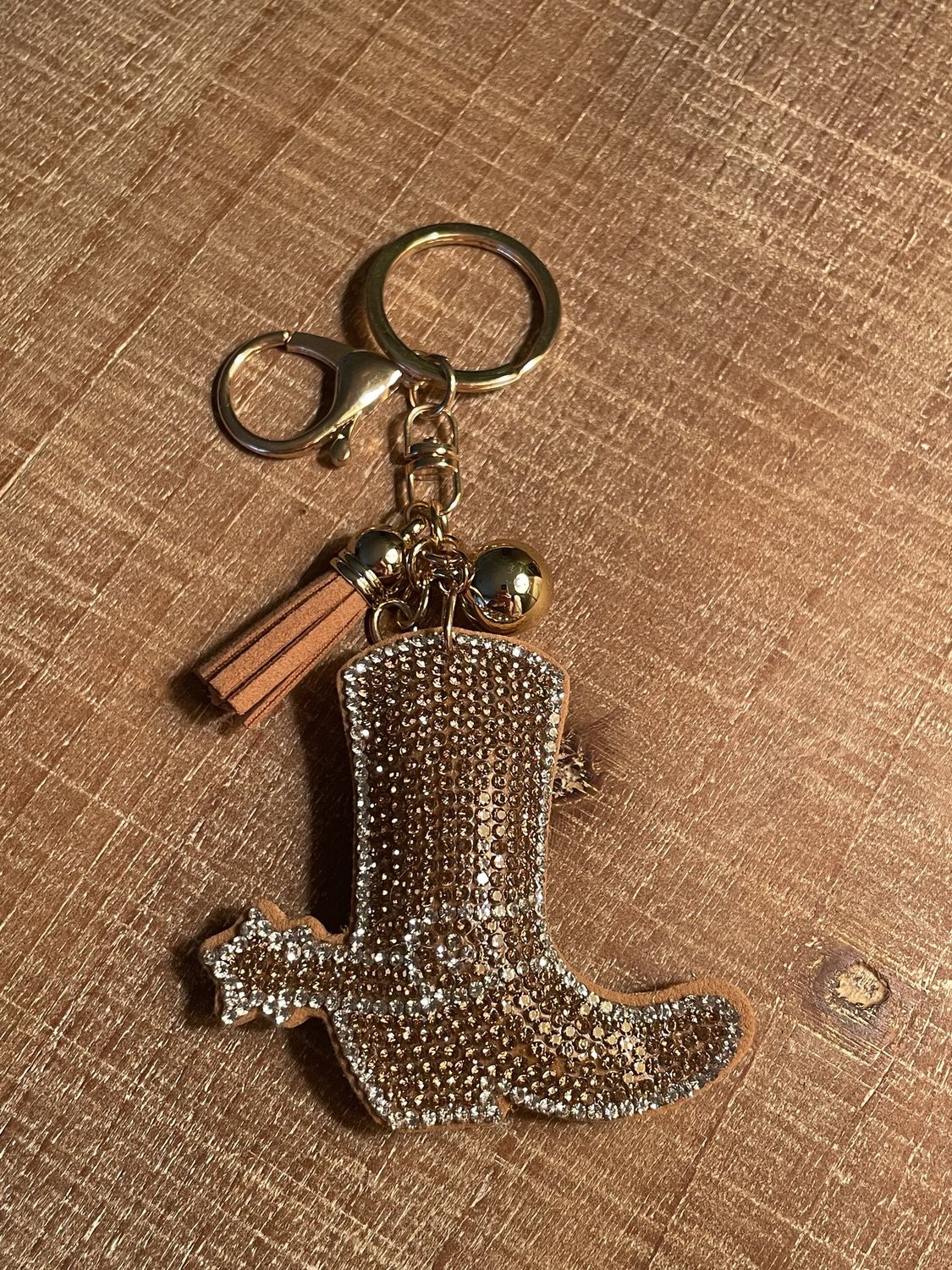Rhinestone Light Brown Cowboy Boot Keychain
