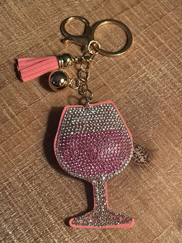 Rhinestone Pink Wine Glass Keychain