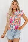 Abstract Striped Flowery Ruffled Blouse