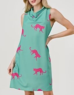 Aqua Cheetah Drape Neck Dress