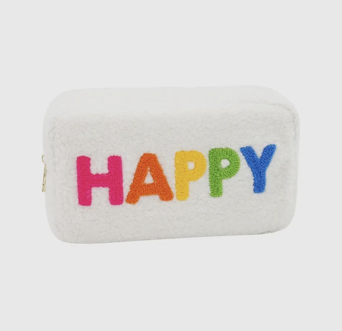 White Fluffy &#39;Happy&#39; Rainbow Make-up Bag
