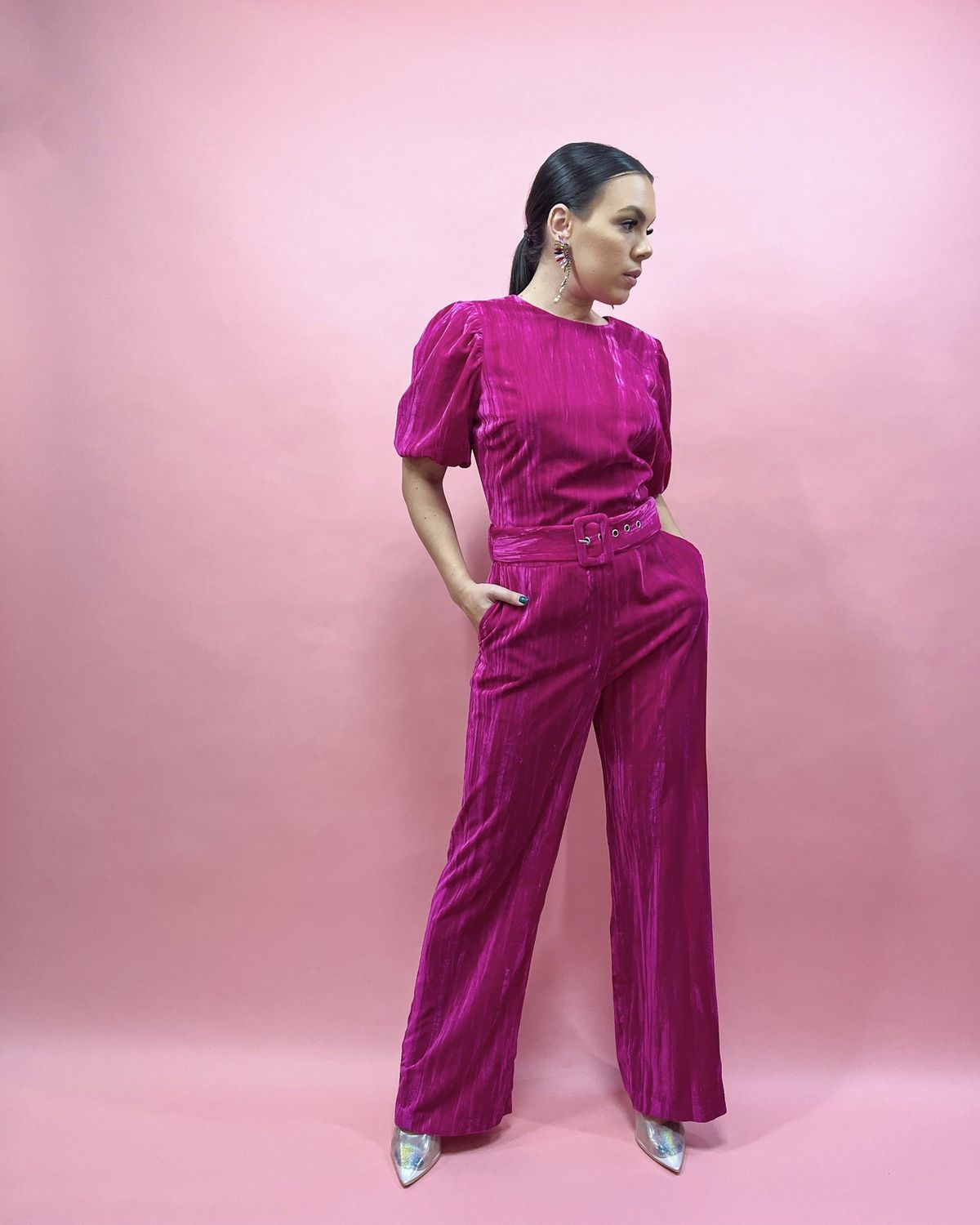 Puff Sleeve Fuchsia Jumpsuit 