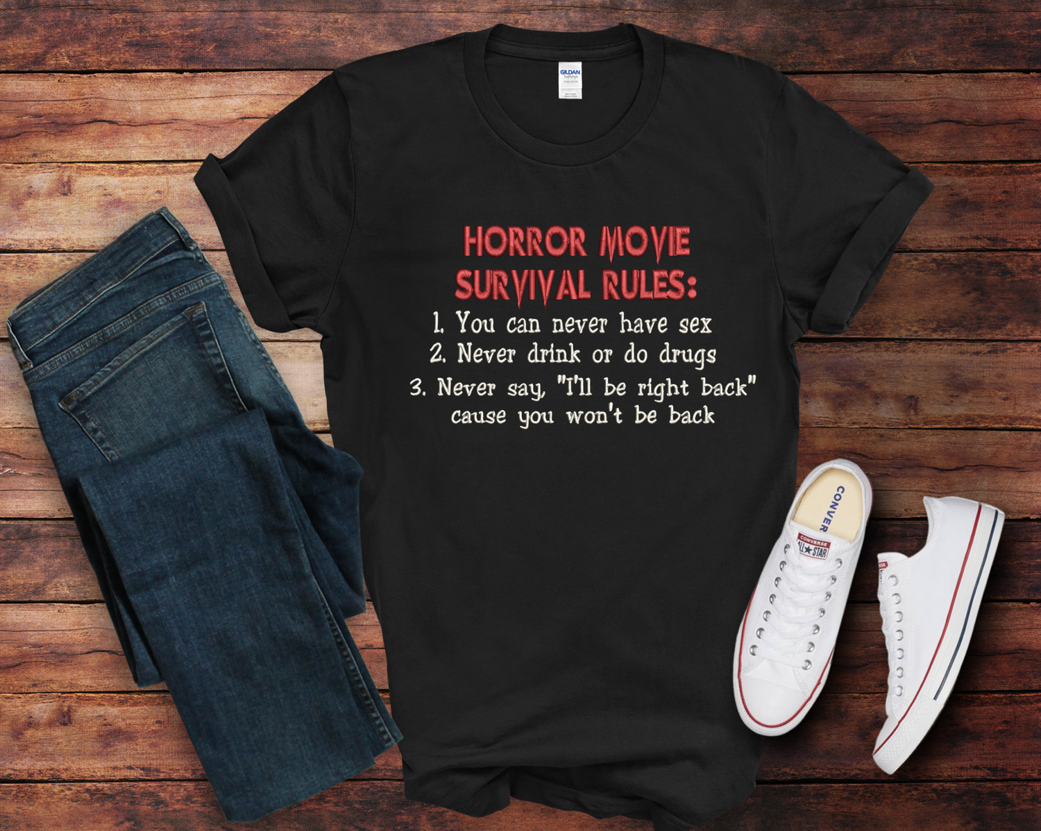 Horror Movie Survival Rules Embroidered T-shirt