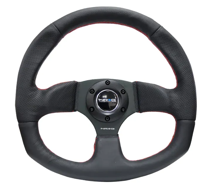 RST-009R-RS Leather Steering wheel W/ Red Stitch &quot;D&quot; Shape