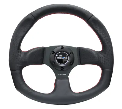 RST-009R-RS Leather Steering wheel W/ Red Stitch &quot;D&quot; Shape