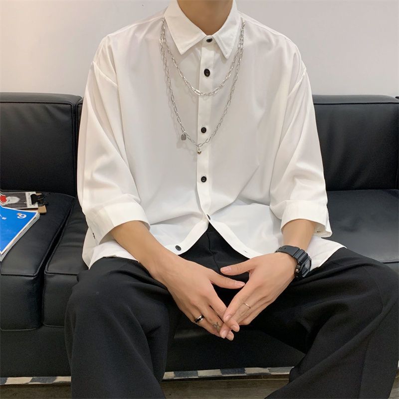 Men&#39;s Loose Style Short-sleeve Shirt, Color: White【free necklace】, Size: M