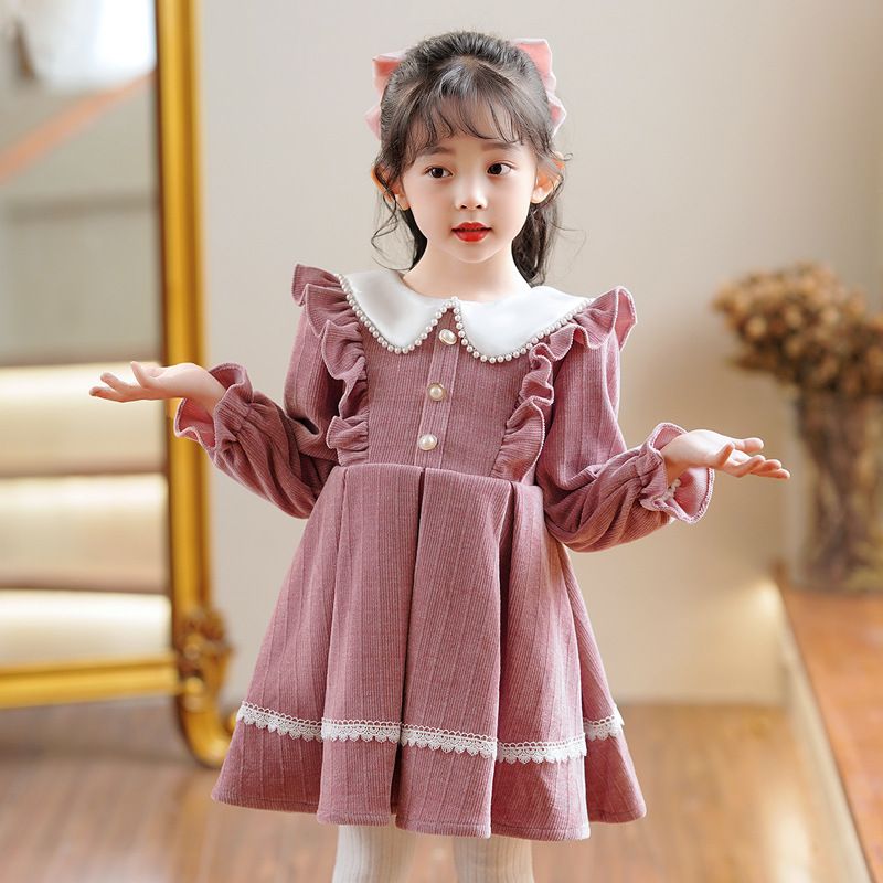 Girl&#39;s Collar Dress Festive Long Sleeve Dress, Suitable for height: 100cm, Color: Pink