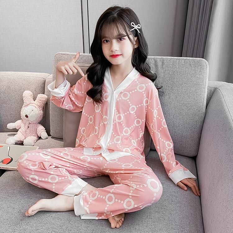 Girls Cardigan Long-sleeved Pajamas 2 pcs Set, Suitable height: 170cm, Color: Pink