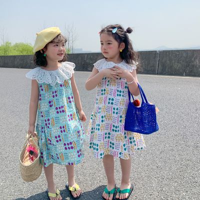 Girls Dress Sweet Lace Hollow Collar Printed Skirt
