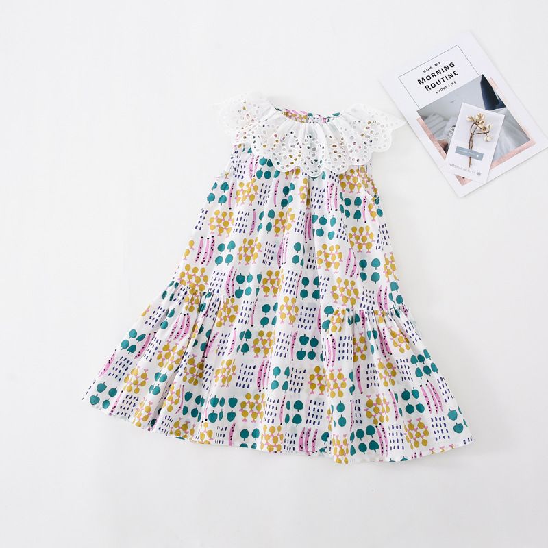 Girls Dress Sweet Lace Hollow Collar Printed Skirt, Suitable height: 80cm, Color: White