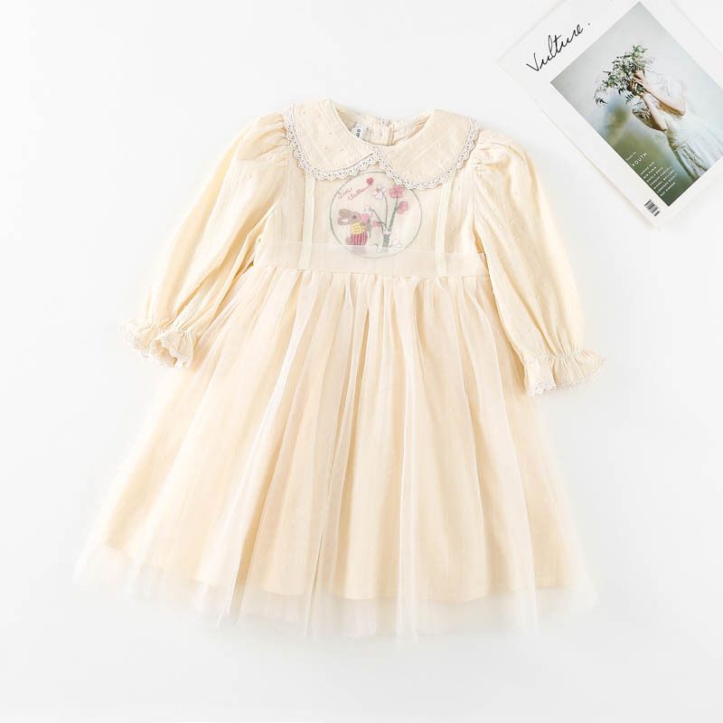 Girl Collar Embroidered Skirt, Suitable height: 90cm, Color: Beige