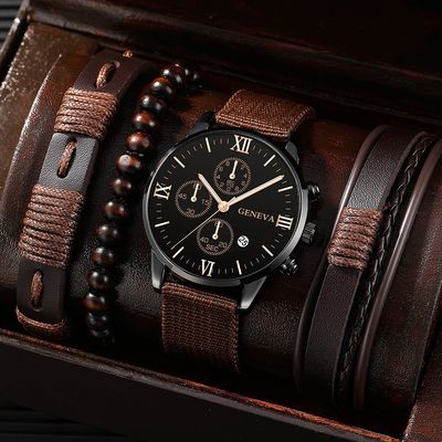 Men&#39;s Quartz Calendar Watch 4pcs Bracelet Set