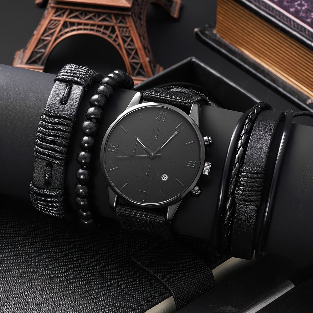 Men&#39;s Quartz Calendar Watch 4pcs Bracelet Set, Color: Black suit (without box)