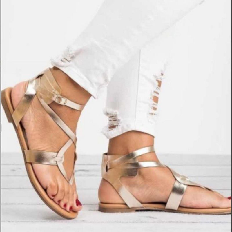 Women&#39;s Thin Strap Clip-on Flat-soled Size Sandals, Size: 43, Color: Gold