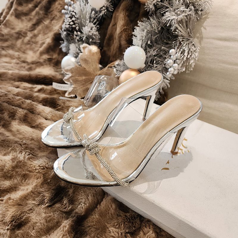 Women High Heels, Transparent One Strap Sandals, Size: 34, Color: Silver【8cm】