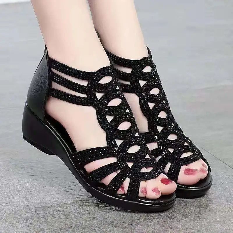 Mom Shoes Fashionable Women&#39;s Roman Sandals, Size: 35, Color: Black