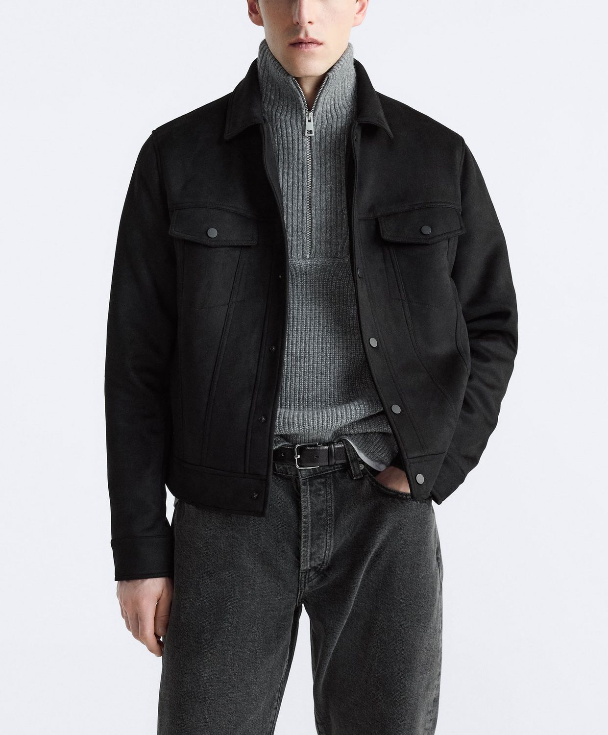 Men&#39;s Suede Texture Effect Lapel Jacket, Size: S, Color: Black