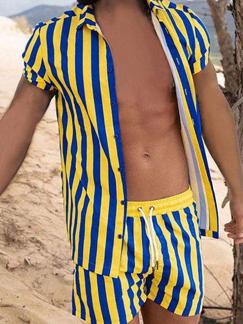 Men&#39;s Printed Casual Short-sleeved Beach Shirt Suit, Color: Cs-496+dk-964, Size: Xxl