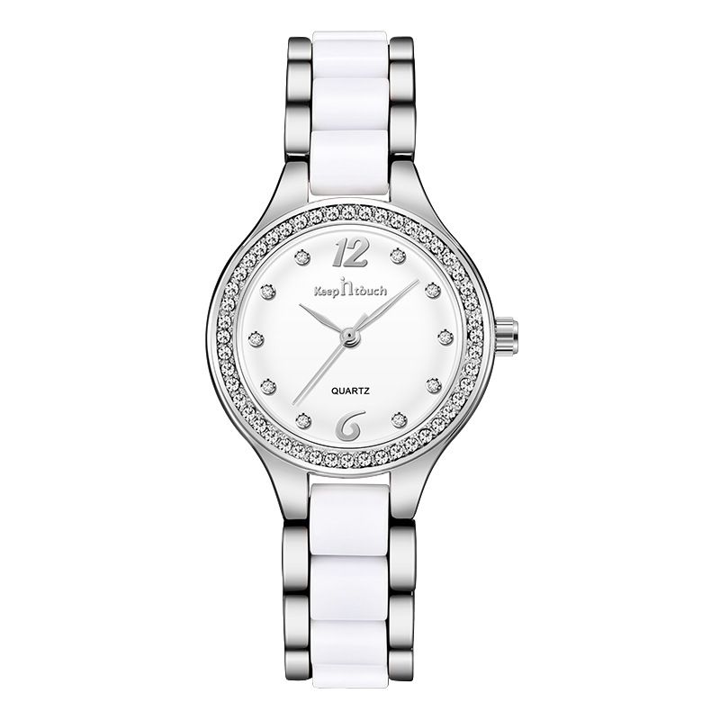 New Ceramic Ladies Watch Diamond Quartz Watch, Color: Silver shell white noodle