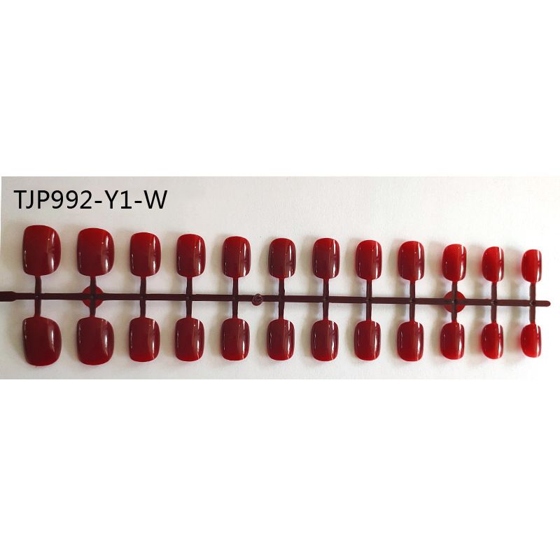Short Square Round Unoiled False Nails Collection, Color: Tjp992-y1-w light wine red [24 pieces]