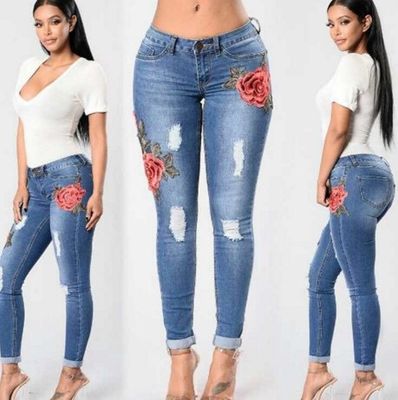 Embroidery stretch jeans pants