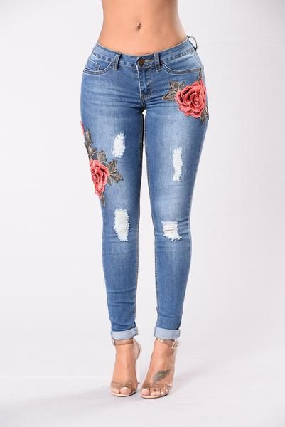 Embroidery stretch jeans pants, Size: S, Color: Navy blue