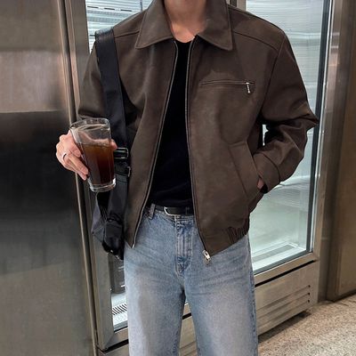 Men&#39;s Short Leather Jacket Rippe Biker Suit