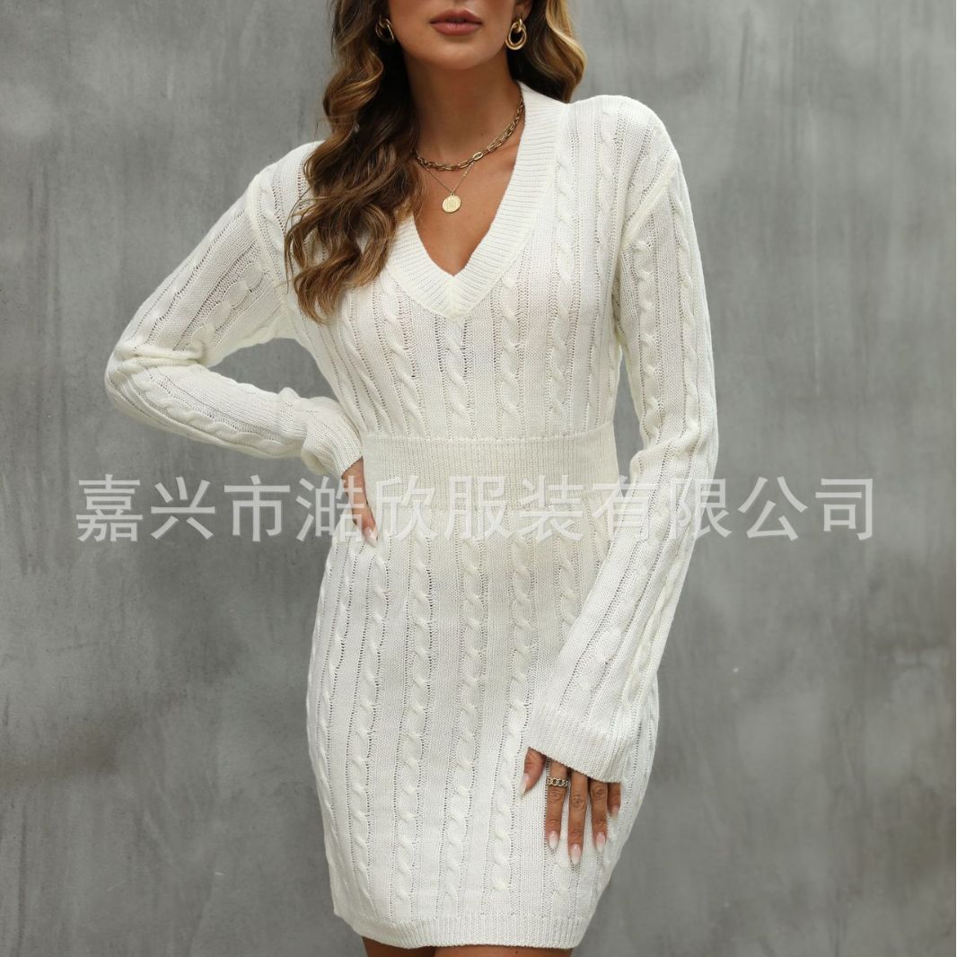 Women&#39;s Sweater Waist Twist Hip Knitted Dress, Color: White, Size: S