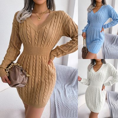 Women Fashion Waist Twist Hip Sweater Dress