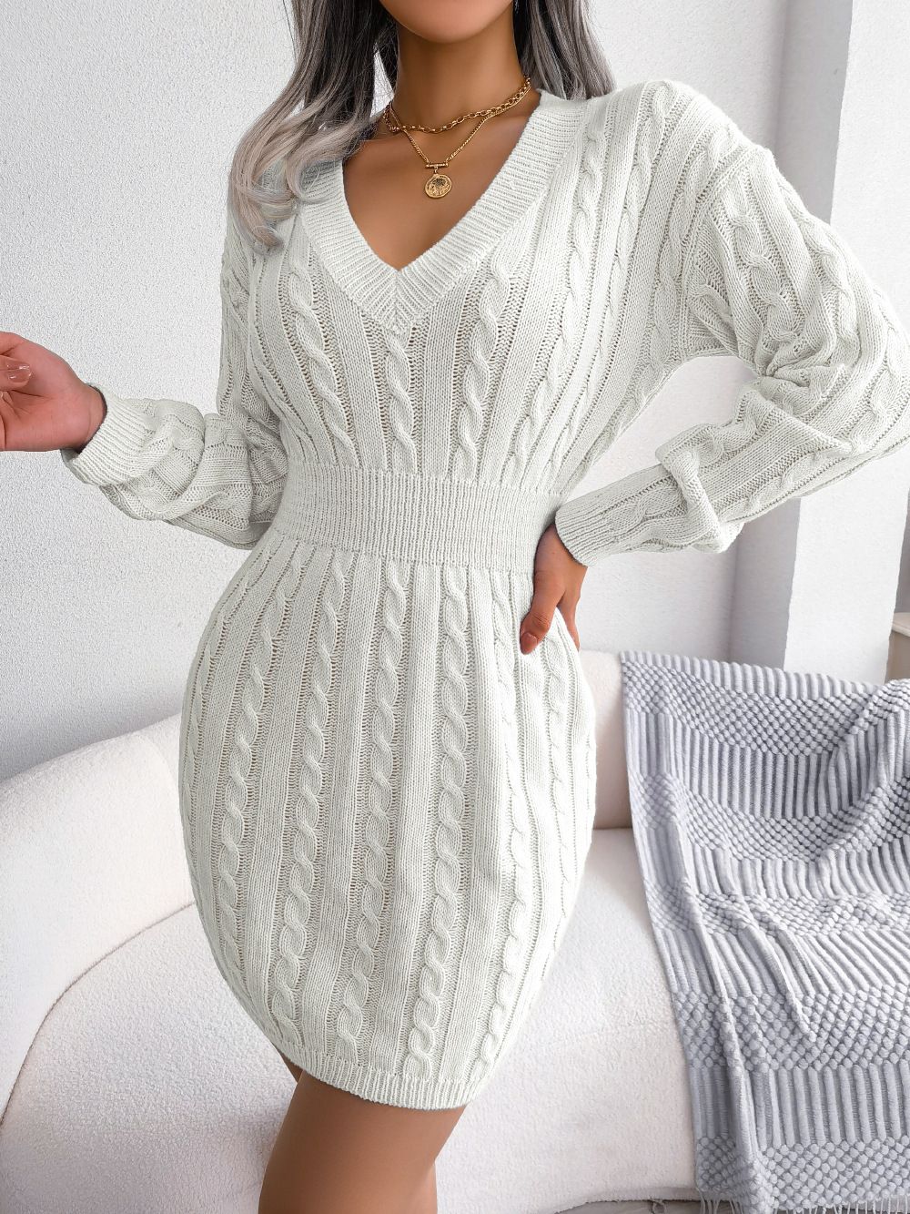 Women Fashion Waist Twist Hip Sweater Dress, Color: White, Size: S