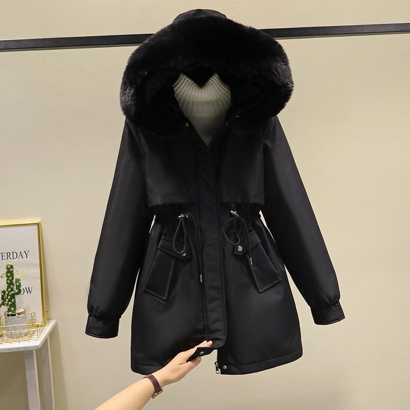 Women&#39;s Mid-Length Large Fur Collar Coat Jacket, Color: Black, Size: M