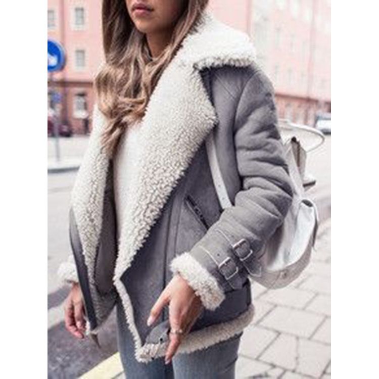 Deerskin Velvet Coat Women&#39;s Lapel Fur Cotton Coat, Size: S, Color: Grey