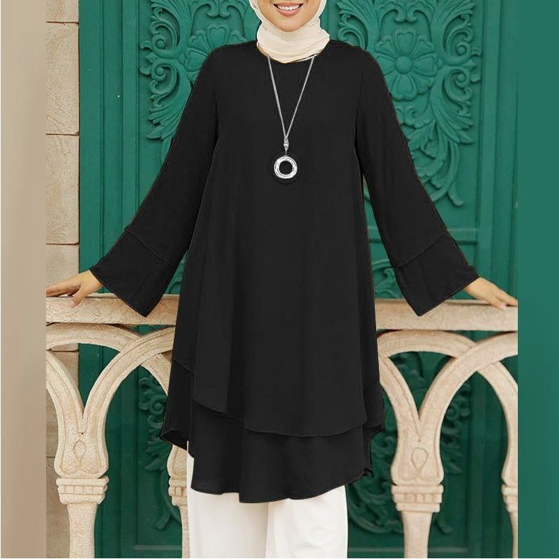 Two-layer Design Shirt Round Neck Women wear, Size: S, Color: Black