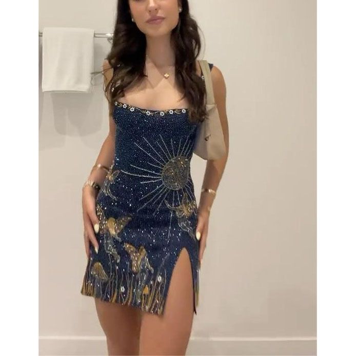 Sexy Women&#39;s Cross-border 3D Printing Slit Dress, Size: XS, Color: blue