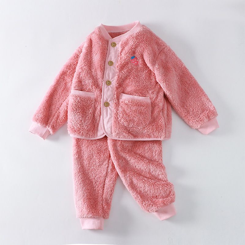 Children&#39;s Pajamas B &amp; G Flannel Embroidered Suit, Color: Pink strawberry, Suitable for height: Code 100 [recommended 95-105cm]
