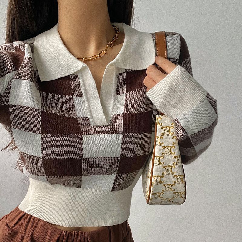 Plaid Lapel Slim Short Waist Long-sleeved Knitwear, Color: Coffee, Size: One size fits all