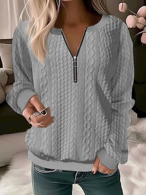 Women&#39;s Long-sleeved V-neck Zipper T-shirt Top
