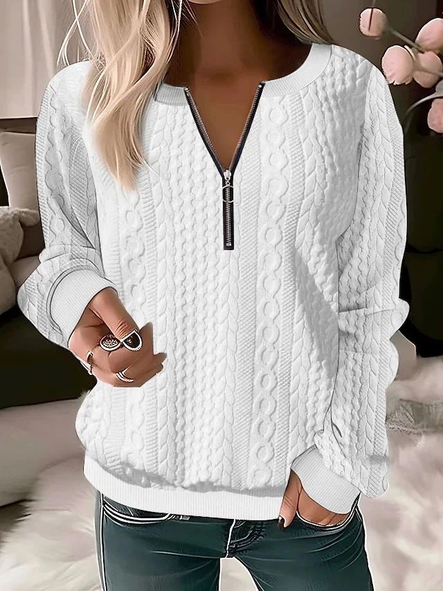 Women&#39;s Long-sleeved V-neck Zipper T-shirt Top, Color: White, Size: S