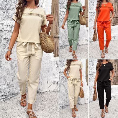 Women&#39;s Clothing Short-sleeved Tops and Trousers Suit