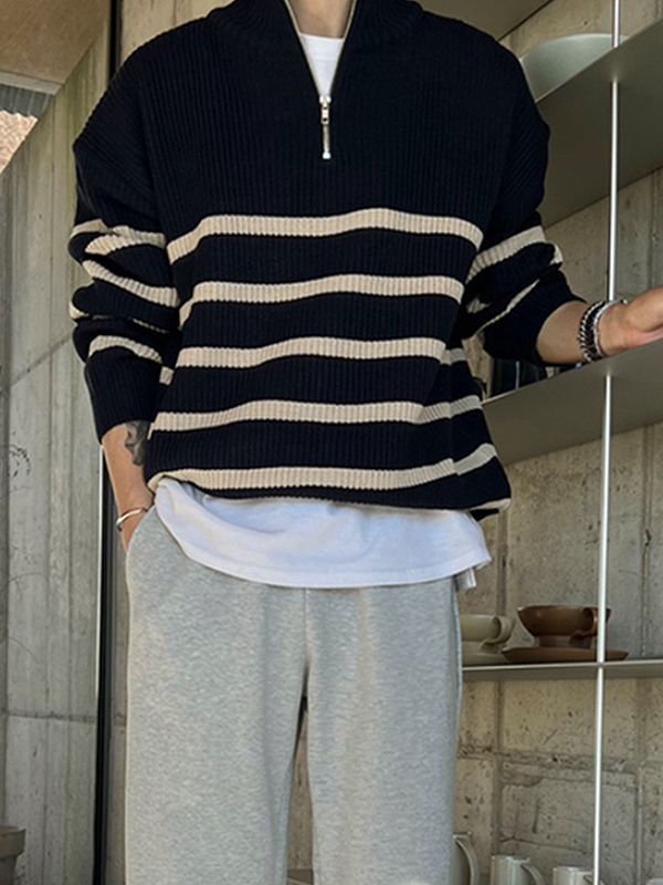 Men&#39;s Striped Sweater Loose Pullover Top, Size: M, Color: Black