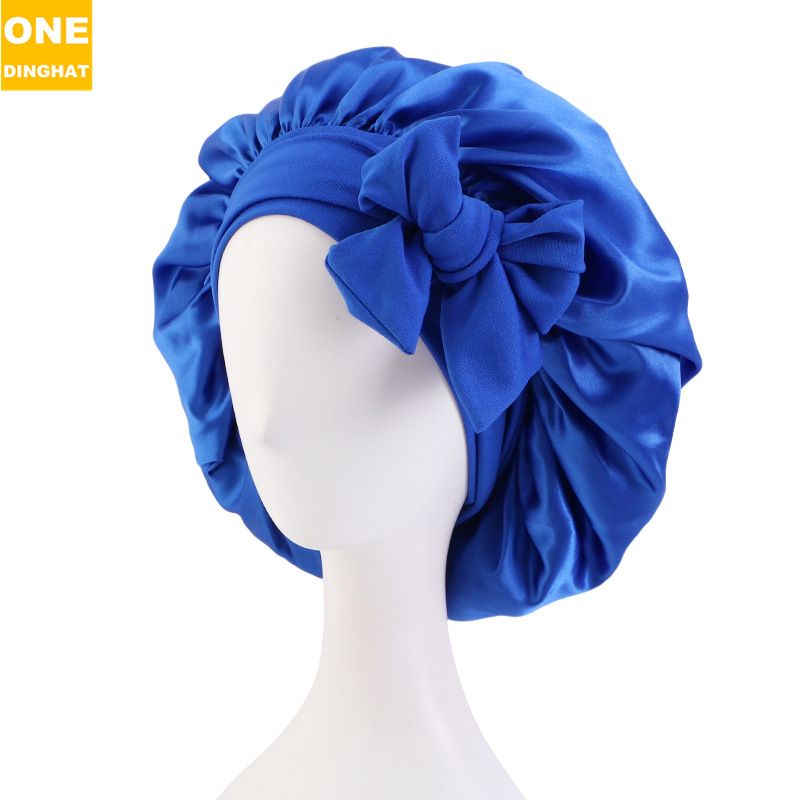 Round Strap Night cap Elastic Bowed Hat Hair Care, Color: Royal blue, Size: One size fits all