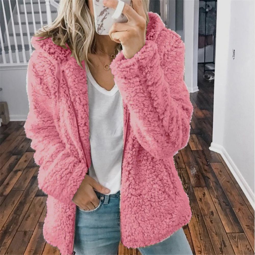 Women&#39;s Clothing Hooded Woolen Autumn Top Jackets, Color: Pink, Size: S