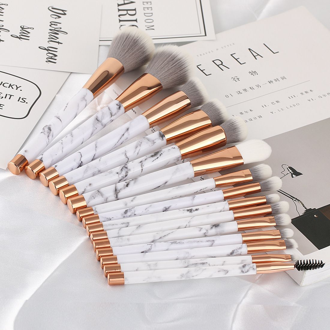 New 15 Marble Pattern Makeup Brushes M, Appearance color: 15 pieces of second-generation marble makeup brushes-opp packaging