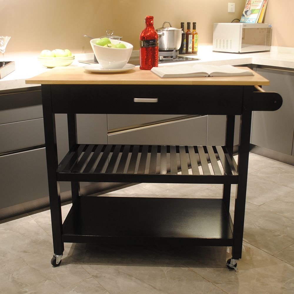 Mobile Kitchen Island Cart with Two Lockable Wheels, Options: Black+MDF