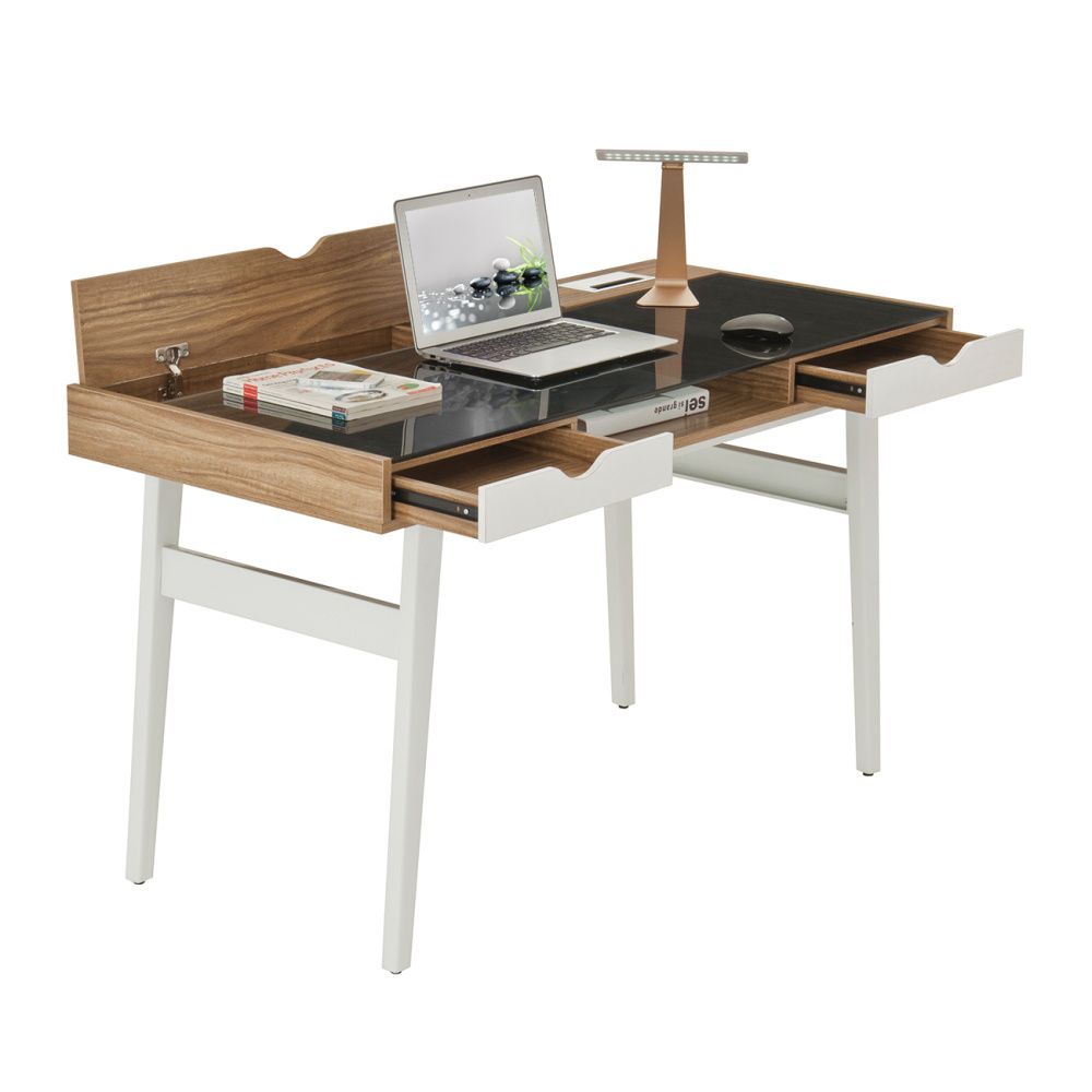 Compact Computer Desk with Multiple Storage, Options: Walnut+Steel+Solid Wood