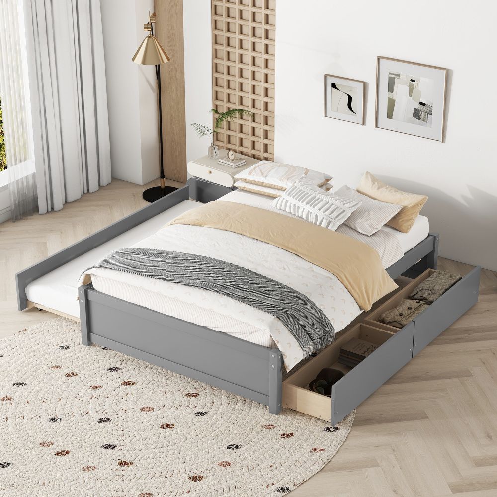 FULL BED TWIN SIZE TRUNDLE AND TWO DRAWERS, Options: Full+Gray+Solid Wood