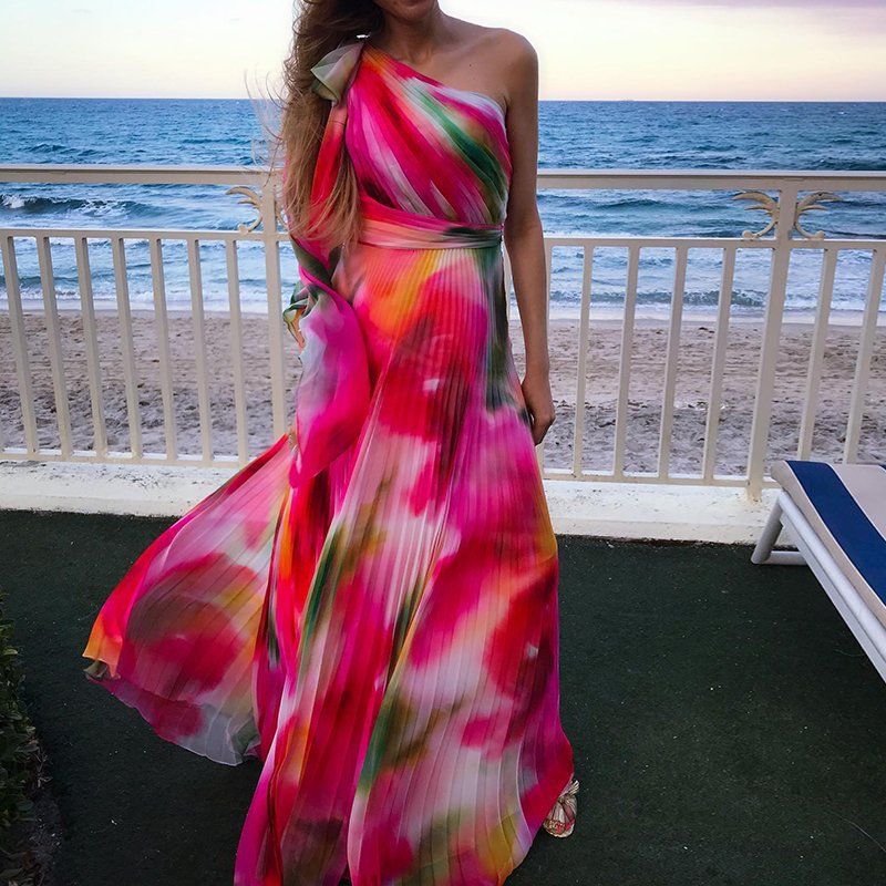 Women&#39;s Single Rainbow Print Pleated Waist Dress, Size: L, Color: Rainbow color