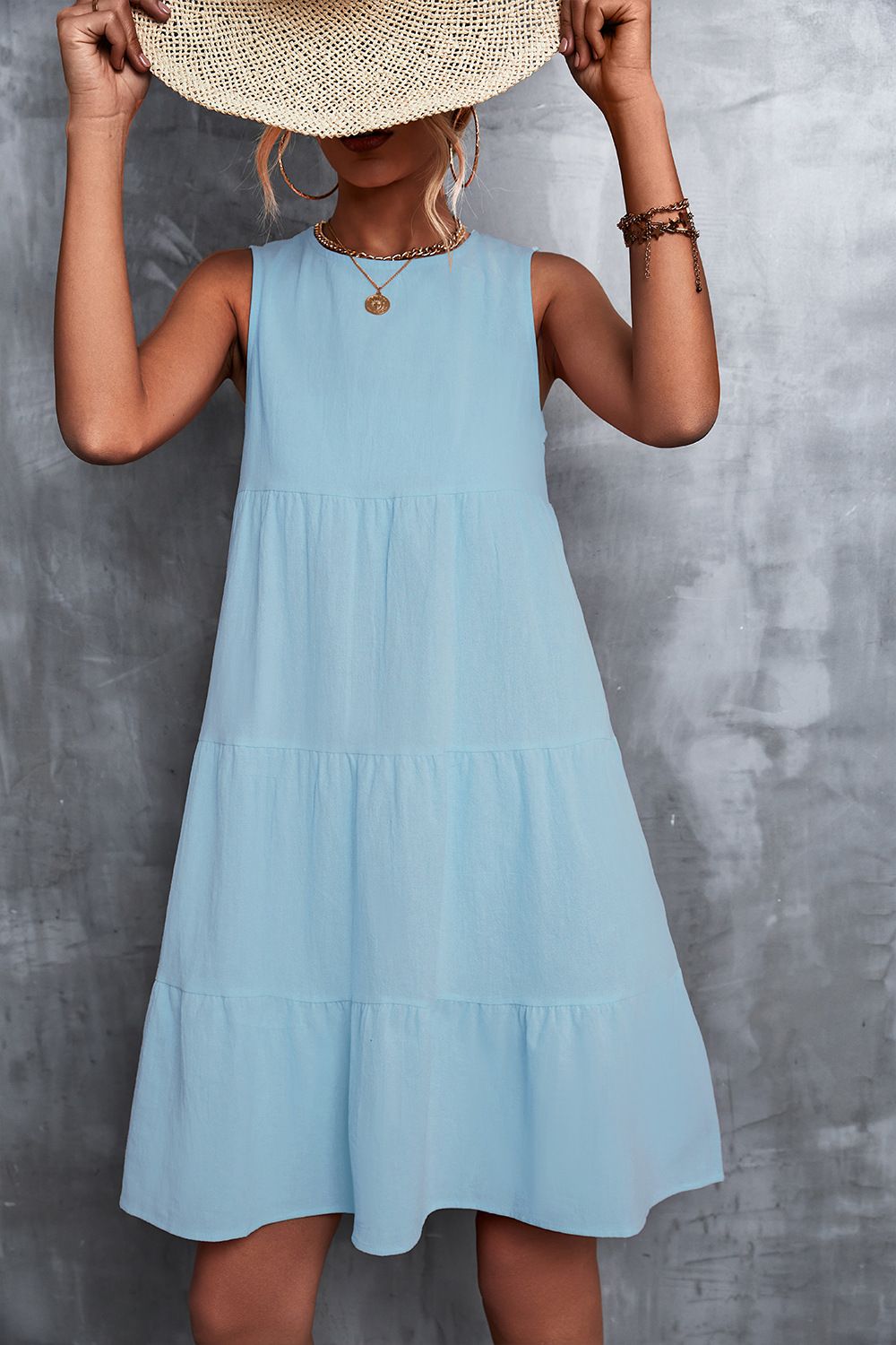 Women&#39;s Popular Round Neck Loose Big Hem Dress, Color: Blue, Size: S
