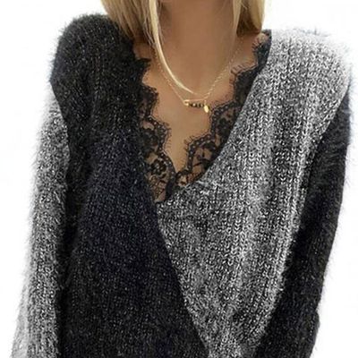 Women&#39;s Open V-neck Top Knitted Warm Sweater